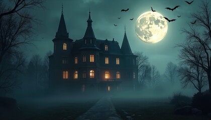 Fototapeta premium Eerie gothic mansion under full moon, bats silhouettes in night sky. Creepy haunted house on estate grounds. Dark, mysterious, spooky atmosphere. Halloween scene.