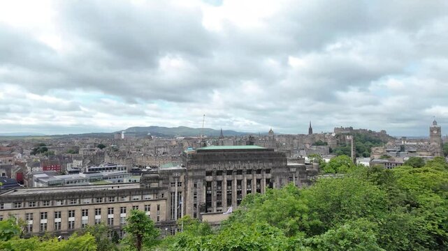 The bird's eye view of Edinburgh from Calton Hill on a cloudy day.