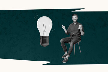 Sketch pop image sketch full collage of happy businessman businesswoman stand light bulb idea...