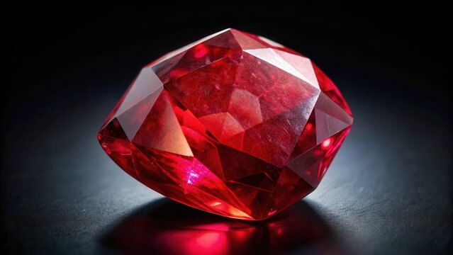 Detailed image of a stunning, uncut red ruby gemstone sitting atop a sleek black background, showcasing its deep crimson hue and intricate inclusions , red gemstone, precious stone