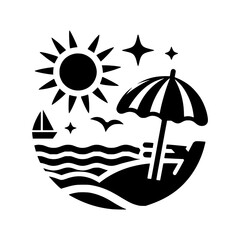 Stylized black and white beach scene with sun umbrella and sailboat
