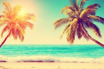 Obraz premium Tropical beach scene with palm trees. Ocean waves meet golden sand. Vibrant colors, vintage filter