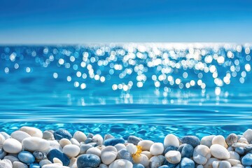 Coastal scene with vibrant blue water and pebbles