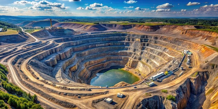 Aerial view of massive open-pit mine in Europe with towering walls and vast excavation area, Aerial photography, Massive terrain