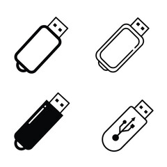 Sleek Black and White USB Flash Drive Icons:  Four Variations, Isolated on White Background, Minimalist Design.