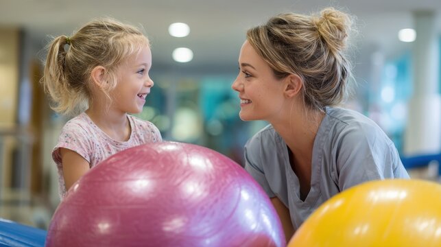 A woman and a little girl are playing with a pink and yellow ball