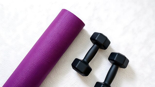 A purple yoga mat and two black dumbbells arranged on a textured white surface for fitness - Powered by Adobe