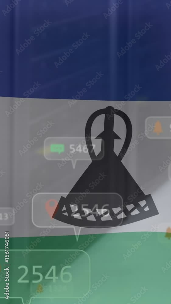 Poster animation of numbers and icon in notification bars over lesotho flag against server room