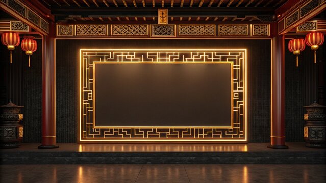 Elegant Asian-inspired stage backdrop; illuminated gold frame, dark tones, red lanterns.