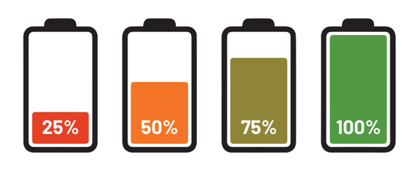 Four Battery Level Indicators 25 50 75 100 Percent Red Orange Olive Green battery indicator