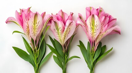 Obraz premium Three Pink Alstroemeria Flowers Bouquet on White Background