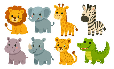 Fototapeta premium Set of cartoon wild animals including lion, elephant, giraffe, zebra, hippopotamus, rhinoceros, leopard, and crocodile. Cute stylized vector illustration of jungle and savanna animals