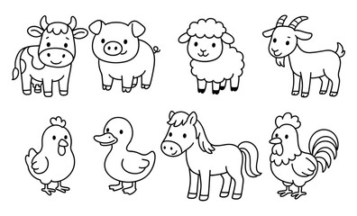 Obraz premium Set of black and white cartoon farm animals including cow, pig, sheep, goat, hen, duck, horse, and rooster. Line art outline illustration of domestic animals for kids