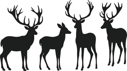 Four silhouette deer with antlers standing together on white background
