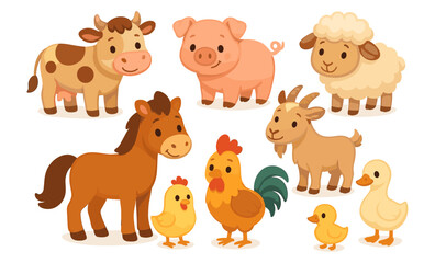 Set of cartoon farm animals including cow, pig, sheep, goat, horse, hen, rooster, and duck. Cute stylized vector illustration of domestic animals