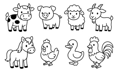 Fototapeta premium Set of black and white cartoon farm animals including cow, pig, sheep, goat, hen, duck, horse, and rooster. Line art outline illustration of domestic animals for kids