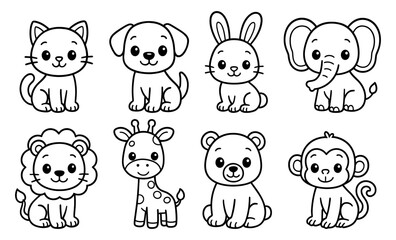 Set of black and white cartoon animals including cat, dog, rabbit, elephant, lion, giraffe, bear, and monkey. Line art outline illustration of cute zoo and pet animals for children