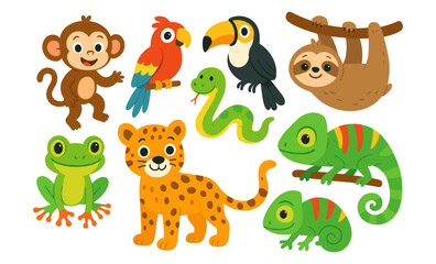 Naklejka premium Set of cartoon jungle animals including monkey, parrot, toucan, sloth, leopard, snake, frog, and chameleon. Cute stylized vector illustration of rainforest animals