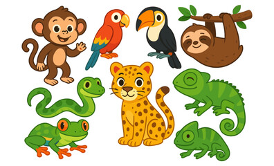 Naklejka premium Set of cartoon jungle animals including monkey, parrot, toucan, sloth, leopard, snake, frog, and chameleon. Cute stylized vector illustration of rainforest animals