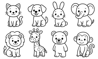 Set of black and white cartoon animals including cat, dog, rabbit, elephant, lion, giraffe, bear, and monkey. Line art outline illustration of cute zoo and pet animals for children