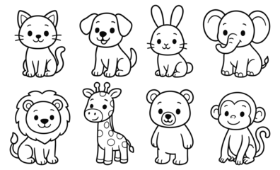 Keuken achterwand Dierentuin Set of black and white cartoon animals including cat, dog, rabbit, elephant, lion, giraffe, bear, and monkey. Line art outline illustration of cute zoo and pet animals for children  © AI
