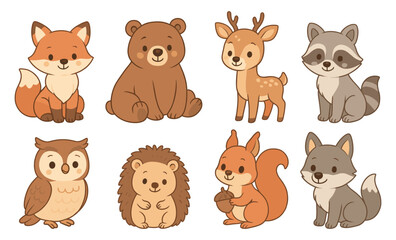 Set of cartoon forest animals including fox, bear, deer, raccoon, owl, hedgehog, squirrel, and wolf. Cute stylized vector illustration of woodland creatures © AI