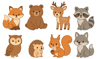 Set of cartoon forest animals including fox, bear, deer, raccoon, owl, hedgehog, squirrel, and wolf. Cute stylized vector illustration of woodland creatures
