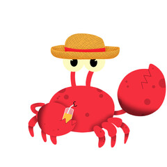 Adorable red crab wearing a straw hat, cheerful summer cartoon character illustration, perfect for kids, tropical designs, beach, and ocean-themed projects.