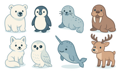 Obraz premium Set of cartoon arctic animals including polar bear, penguin, seal, walrus, arctic fox, snowy owl, narwhal, and reindeer. Cute stylized vector illustration of cold-climate wildlife