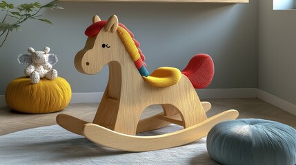 Wooden rocking horse in a child's room.