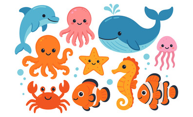 Obraz premium Set of cartoon sea animals including dolphin, whale, octopus, jellyfish, seahorse, clownfish, crab, starfish, and seashell. Cute stylized vector illustration of ocean creatures with bubbles