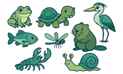 Set of cartoon pond animals including frog, turtle, heron, beaver, fish, dragonfly, crayfish, and snail. Cute stylized vector illustration of wetland creatures