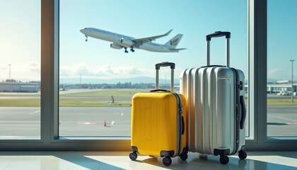 Airport luggage suitcases near window with airplane takeoff. Travel concept, journey, vacation. Modern baggage design. Vacation luggage on wheels. Concept of travel, tourism, journey, vacation trip.