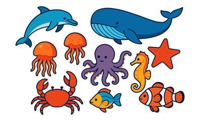 Obraz premium Set of cartoon ocean animals including dolphin, whale, jellyfish, octopus, seahorse, crab, starfish, and clownfish. Flat vector illustration of marine wildlife