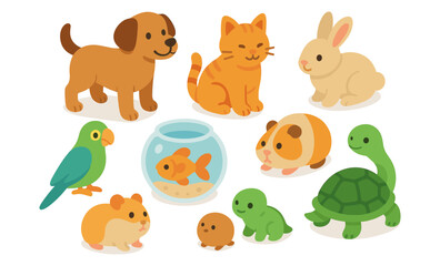 Fototapeta na wymiar Set of cartoon domestic pets including dog, cat, rabbit, parrot, hamster, guinea pig, turtle, fish in bowl, and small toy-like animals. Flat vector illustration of pet animals