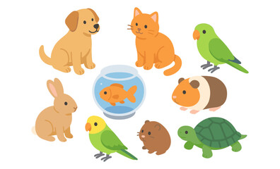 Fototapeta premium Set of cartoon domestic pets including dog, cat, rabbit, parrot, hamster, guinea pig, turtle, fish in bowl, and small toy-like animals. Flat vector illustration of pet animals
