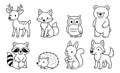 Set of outlined cartoon forest animals including deer, fox, bear, owl, raccoon, hedgehog, squirrel, and wolf. Black and white vector line drawing © AI