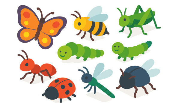 Set of cartoon insects including butterfly, bee, caterpillar, ant, grasshopper, ladybug, dragonfly, and beetle. Flat vector illustration of bugs and arthropods