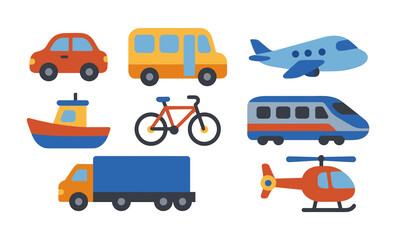 Set of flat cartoon transport vehicles including car, bus, airplane, train, ship, bicycle, truck, and helicopter. Colorful vector illustration