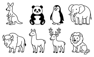 Obraz premium Set of outlined cartoon wild animals including kangaroo, panda, penguin, elephant, bison, llama, deer, and lion. Black and white vector line drawing