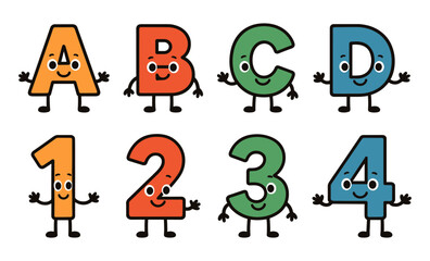 Set of cartoon letters A, B, C, D and numbers 1, 2, 3, 4 with smiling faces, arms, and legs. Flat colorful vector illustration. Alphabet and counting concept for children