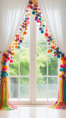 window with colorful curtains
