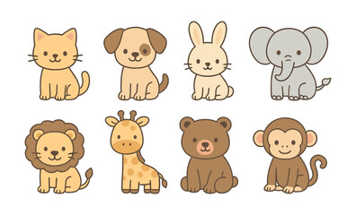 Obraz premium Set of cartoon animals including cat, dog, rabbit, elephant, lion, giraffe, monkey, and bear. Flat pastel vector illustration. Domestic and wild animal concept