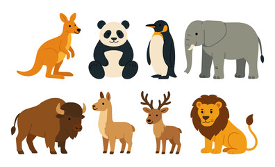Fototapeta premium Set of flat cartoon wild animals including kangaroo, panda, penguin, elephant, bison, llama, deer, and lion. Colorful vector illustration. Wildlife and zoo animal concept