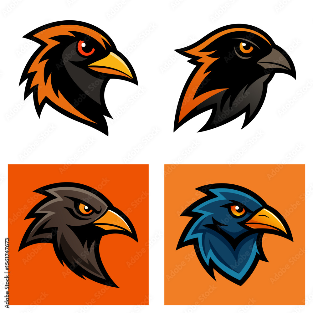 Poster four stylized bird head icons in different color schemes on square backgrounds are displayed here