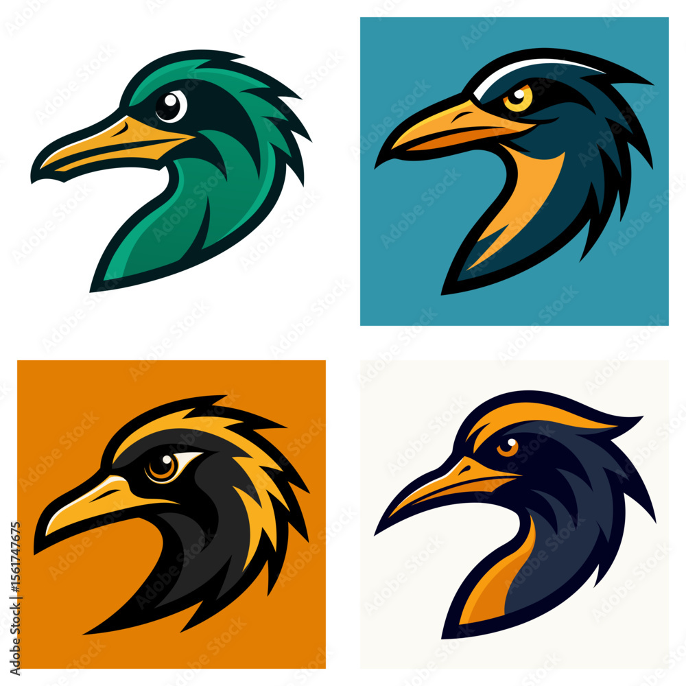 Aufkleber four stylized bird head logos in different color schemes on square backgrounds in a grid format