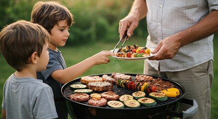 Happy Family Enjoying a Delicious BBQ in the Backyard, Grilling Meat and Vegetables Together