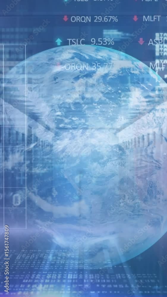 Poster animation of binary codes, graphs, trading boards, globe and computer language over server room