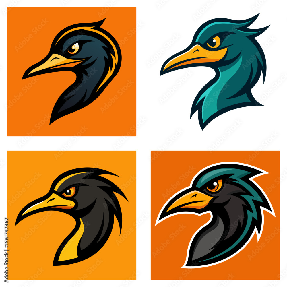 Poster four bird head illustrations with different color schemes and background arrangements displayed