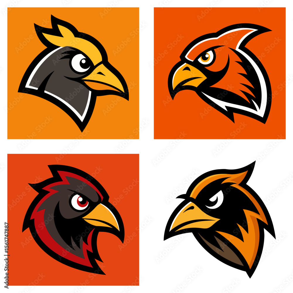 Poster four bird head logos in square frames with different color schemes and varying bird designs shown
